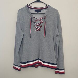 Tommy Hilfiger Gray Lace-Up Sweater with Red and White Accents